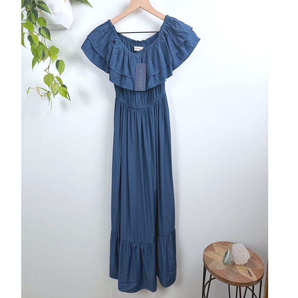 Anna-Kaci Blue Ruffle Off Shoulder Smocked Maxi Dress Rayon Cupro Boho S